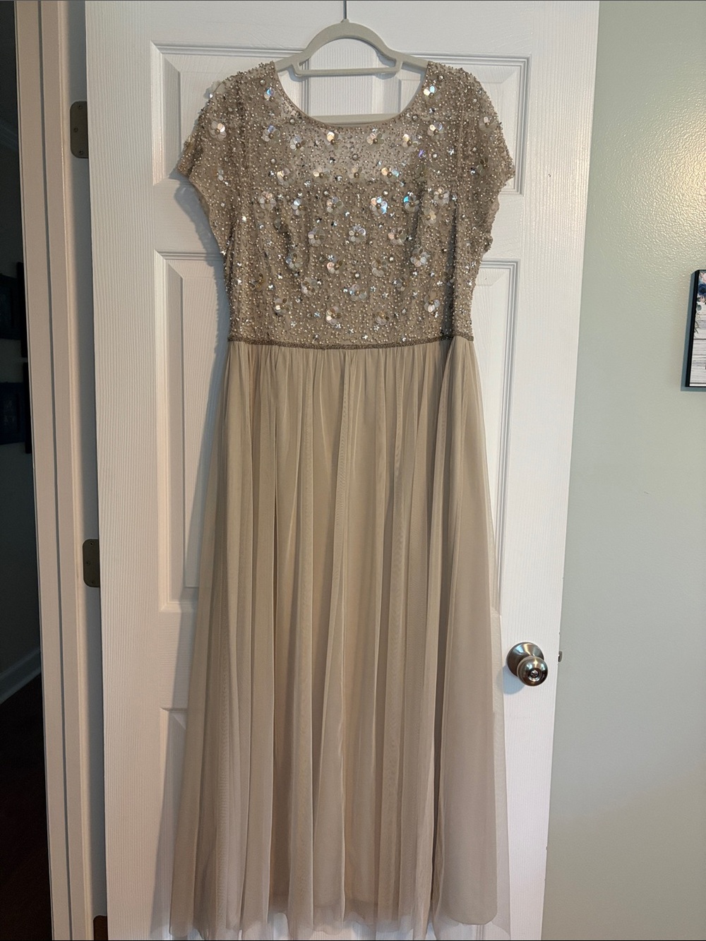 Adrianna Papell Champagne Beaded Tulle Maxi Dress
